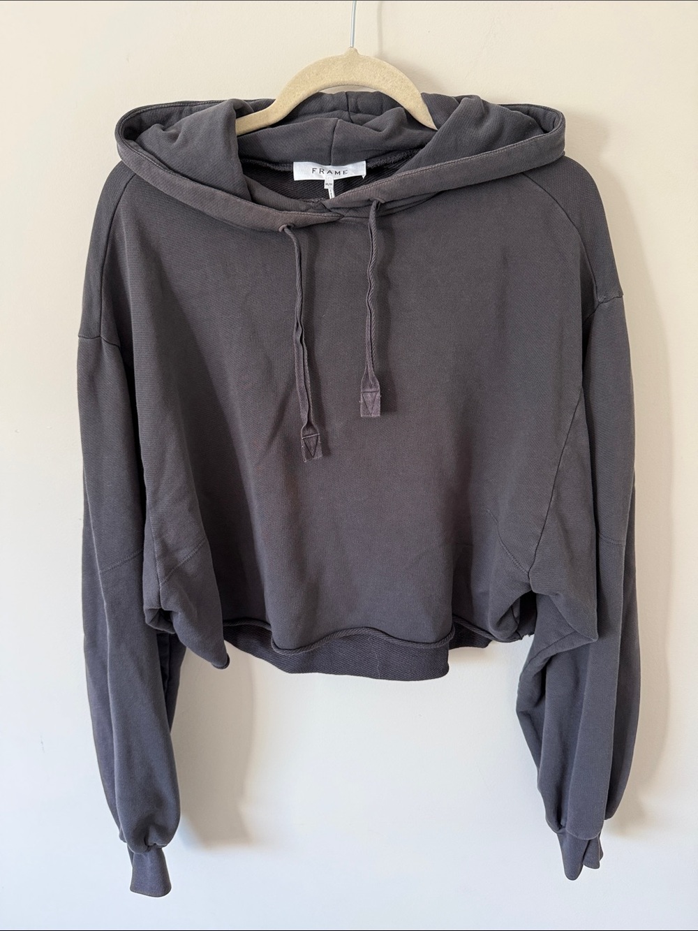 303. Frame Denim Cropped Hooded Sweatshirt in Charcoal Gray